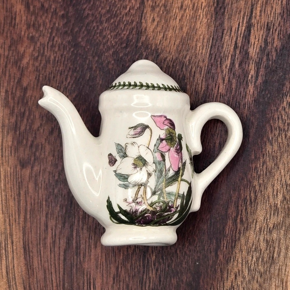 Portmeirion Botanic Garden Teapot Brooch Christmas Rose Ceramic Miniature Pin